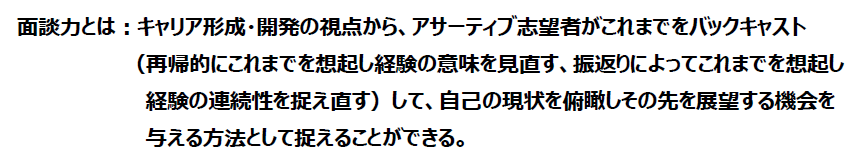 面談力とは：キャリア形成・開発の視点から、アサーティブ志望者がこれまでをバックキャスト（再帰的にこれまでを想起し経験の意味を見直す、振返りによってこれまでを想起し経験の連続性を捉え直す）して、自己の現状を俯瞰しその先を展望する機会を与える方法として捉えることができる。