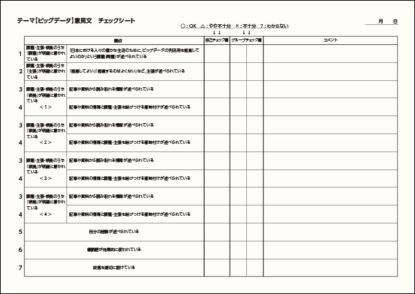 ビッグデータに関する意見文のチェックシート