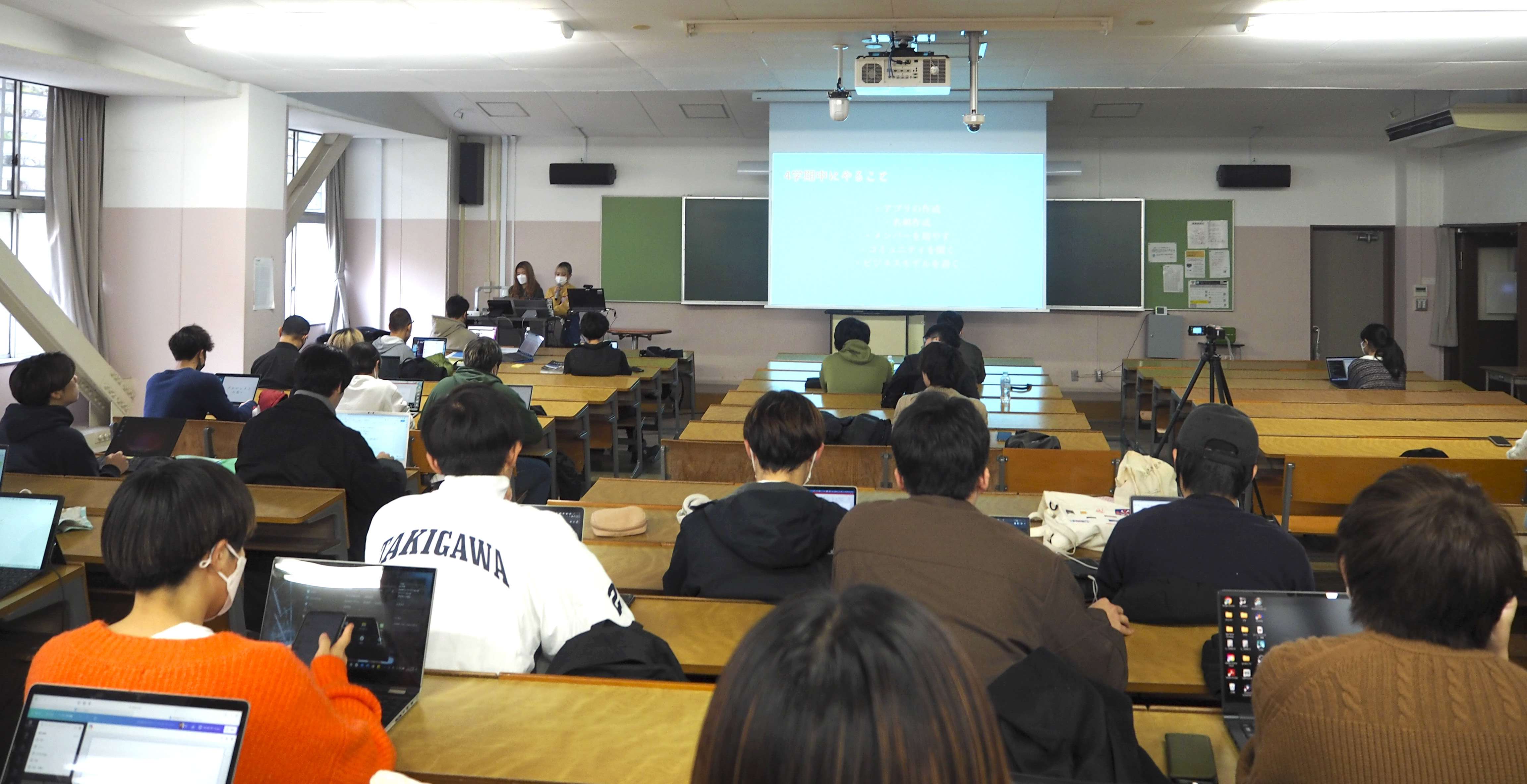 写真２　中間発表と最終発表で、学生は、他クラスの発表を自分ならどうするかという視点で聴き、感想や質問、アドバイスを送り合った。