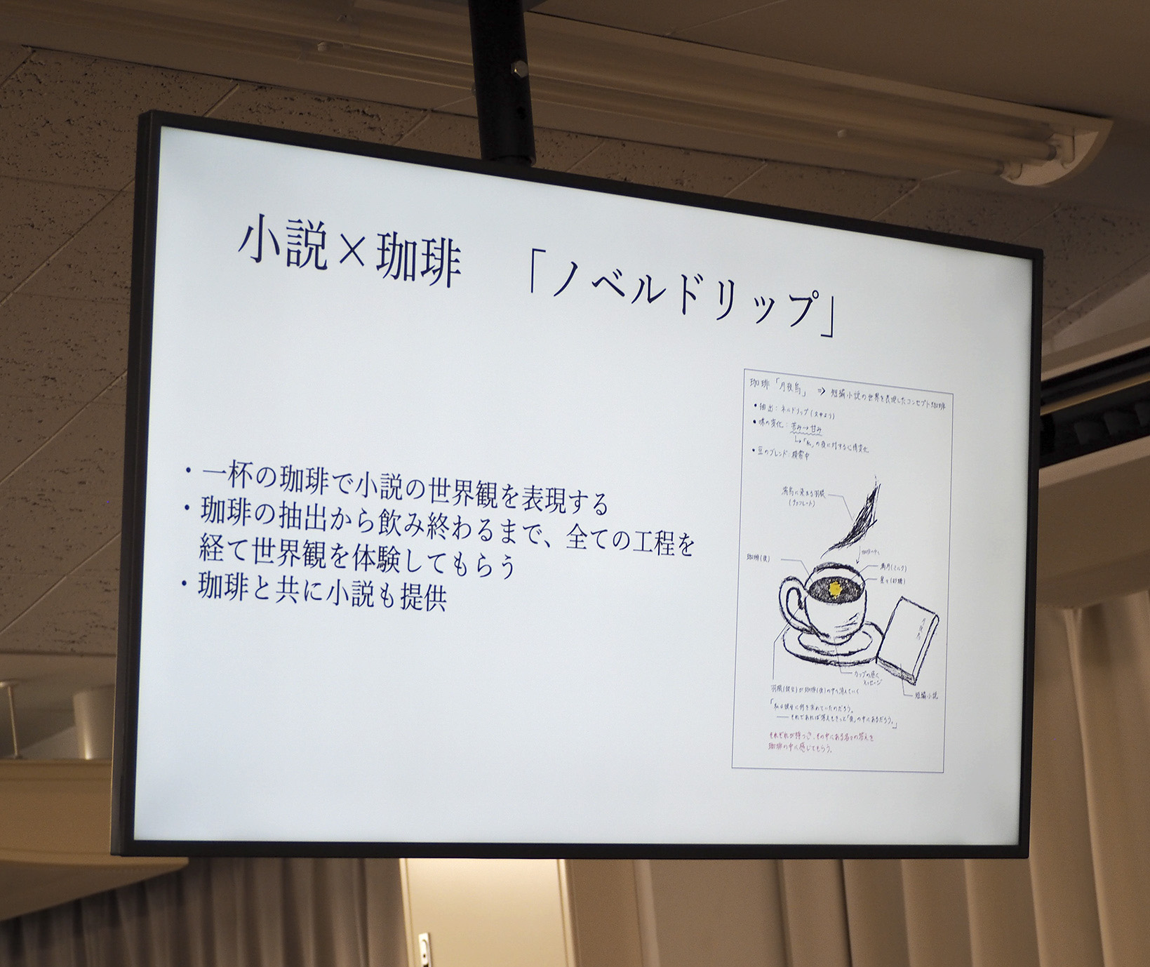 写真３　発表では、イラスト入りのスライドで、提供するサービスの世界観を伝えた。