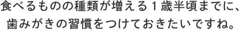 食べるものの種類が増える1歳半頃までに、歯みがきの習慣をつけておきたいですね。