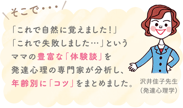 「これで自然に覚えました!」「これで失敗しました…」というママの豊富な「体験談」を発達心理の専門家が分析し、年齢別に「コツ」をまとめました。