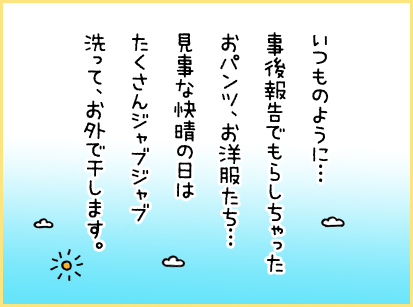 いつものように事後報告でもらしちゃったおパンツ、お洋服たち・・・見事な快晴の日はたくさんジャブジャブ洗って、お外で干します。