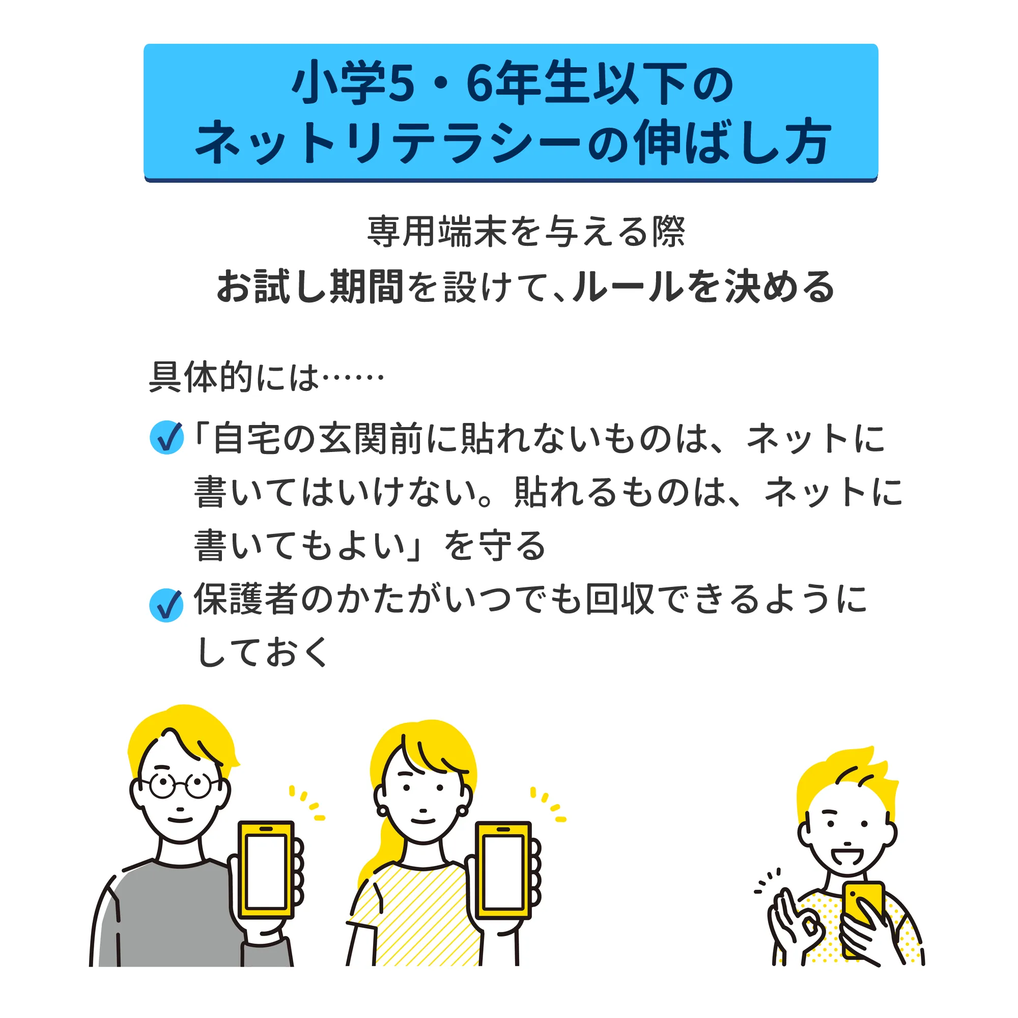 小学5・6年生以下のネットリテラシーの伸ばし方　専用端末を与えり際お試し期間を設けて、ルールを決める　具体的には…「自宅の玄関前に貼れないものは、ネットに書いてはいけない。貼れるものは、ネットに書いてもよい」を守る・保護者のかたがいつでも回収できるようにしておく