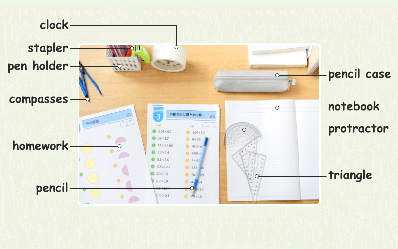 pen holder atapler clock pencil case compass notebook protractor triangle homework pencil
