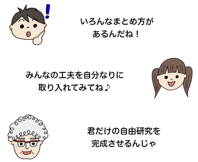 「いろんなまとめ方があるんだね！」「みんなの工夫を自分なりに取り入れてみてね♪」「君だけの自由研究を完成させるんじゃ」
