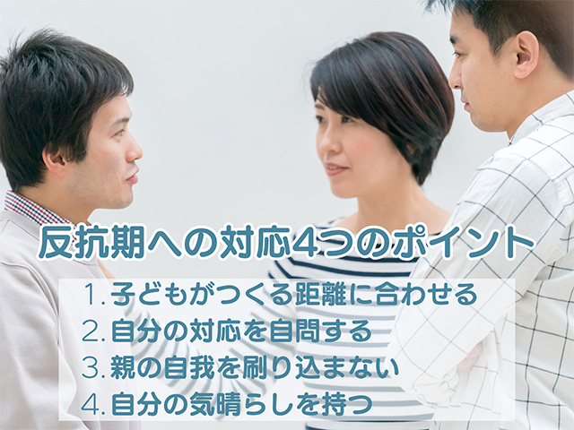 反抗期への対応4つのポイント　1.子どもがつくる距離に合わせる　2.自分の対応を自問する　3.親の自我を刷り込まない　4.自分の気晴らしを持つ