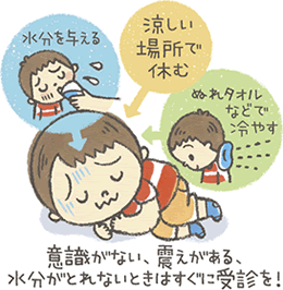対応の基本は、水分を与える・涼しい場所で休む・ぬれタオルなどで冷やす。意識がない・震えがある・水分がとれない時はすぐに受診を。