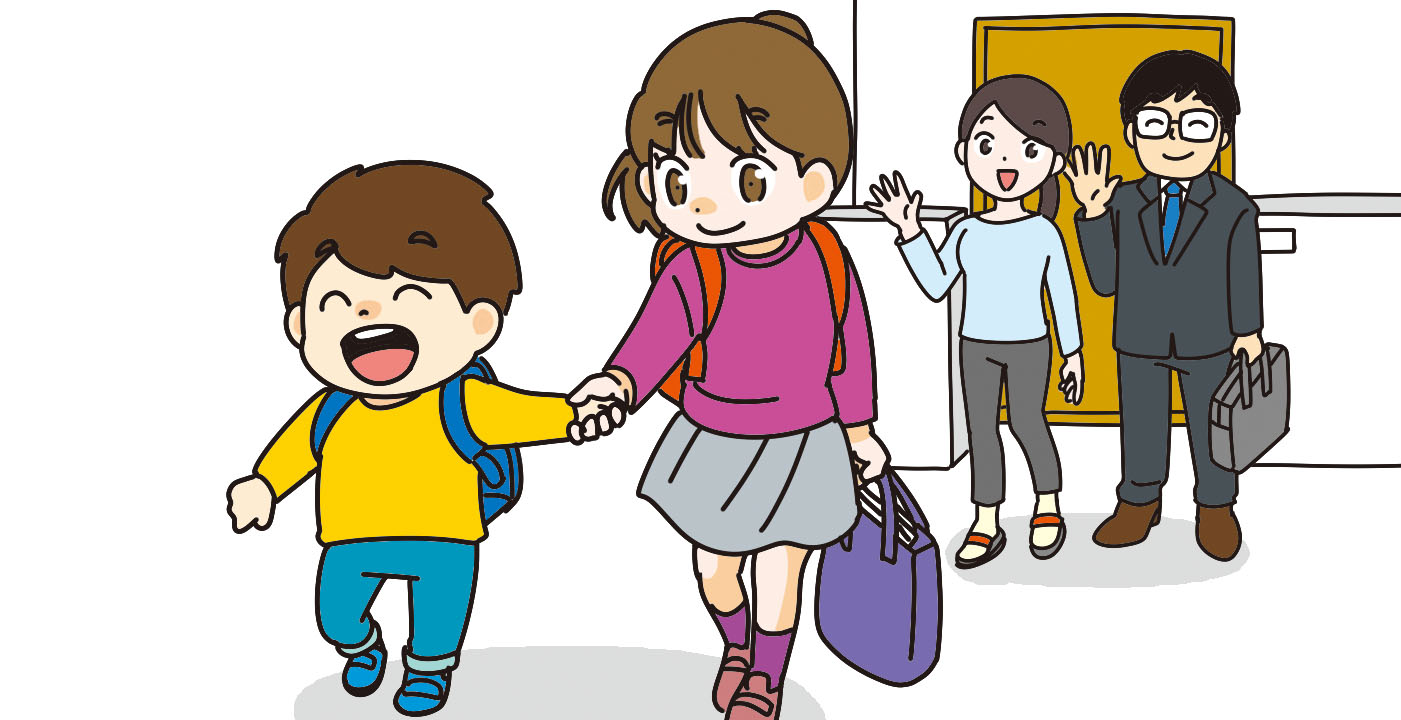 手を取り合って一緒に学校に投稿する子供と手を振って見送る親