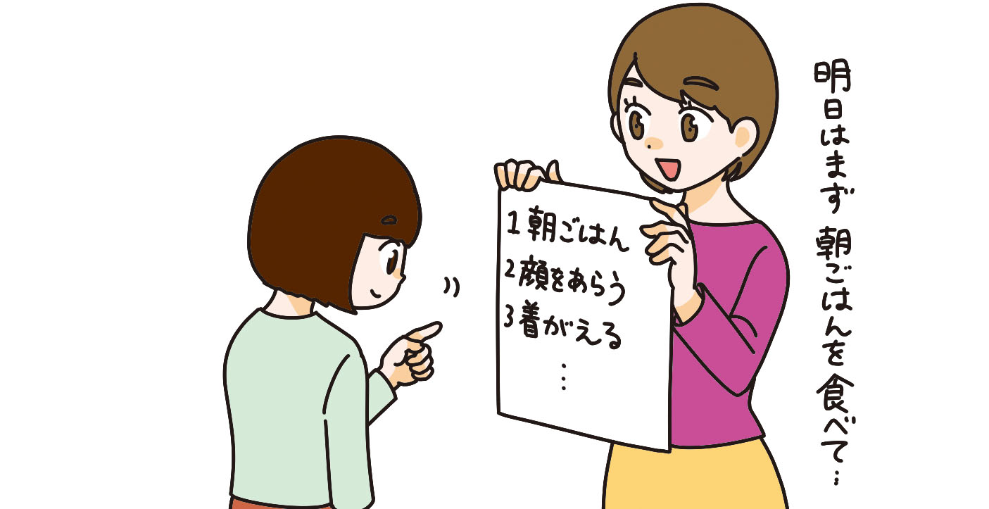 親が今日の予定を紙にまとめ、指さし確認をする子ども