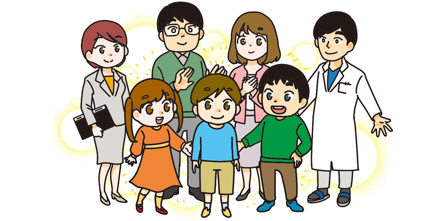 親子と友達と先生が中央に集まっている