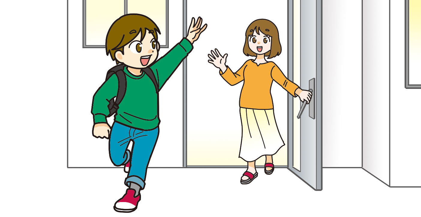 学校に笑顔で向かう子供と手を振って見送る親