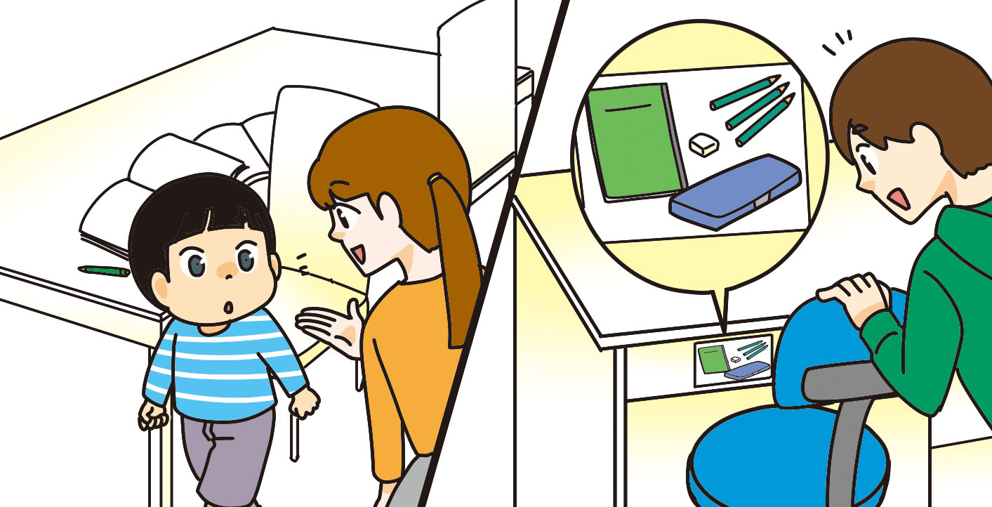 子どもに次やることを聞く親。筆記用具を机の引き出しの中に入れていたことを思い出した子ども