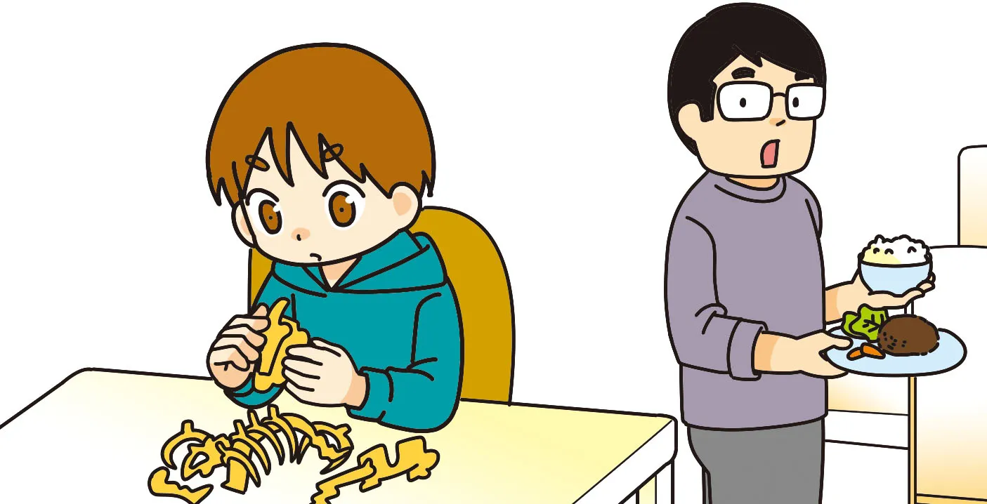 ご飯を食べようと声をかける親と、パズルに夢中になっている子ども