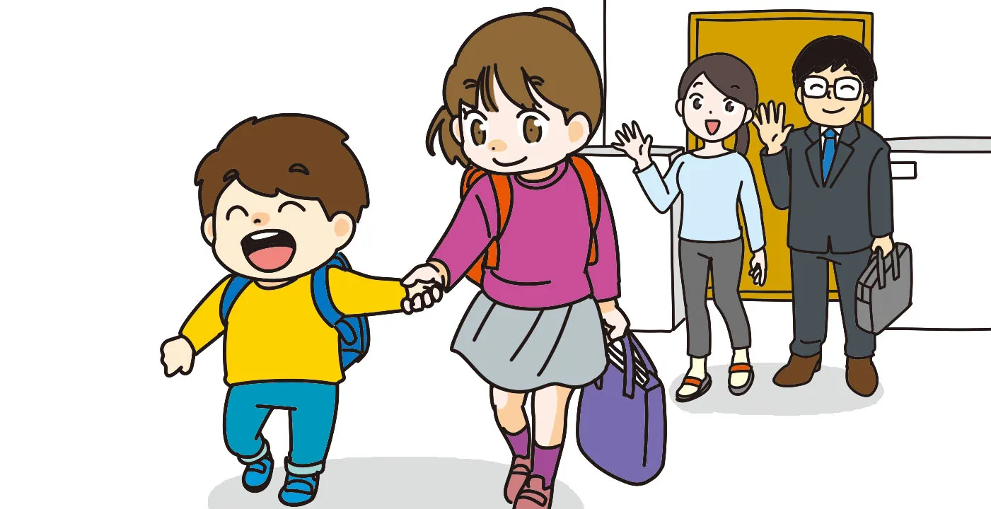 手を取り合って一緒に学校に投稿する子供と手を振って見送る親