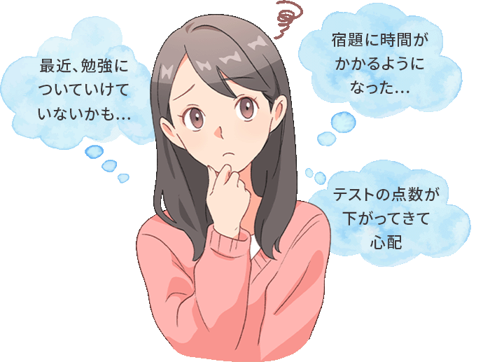 最近、勉強についていけていないかも... 宿題に時間がかかるようになって... テストの点数が下がってきて心配