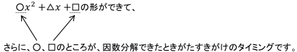 ○x^2+△x+□の形のとき、さらに○、□のところが、因数分解できたときがたすきがけのタイミングです。