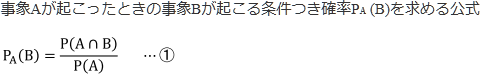 事象Aが起こったときの事象Bが起こる条件つき確率を求める公式