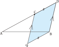 ＣＤ＝ＱＢ，ＢＤ＝ＱＣとなるような点Ｑを作図する。