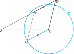 点Ｂを中心とし線分ＣＤの長さを半径とする円αをかく。