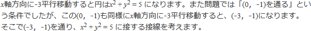 x軸方向に-3平行移動すると円はx二乗+y二乗=5になります。また問題では「(0,-1)を通る」という条件でしたが、この(0,-1)も同様にx軸方向に-3平行移動すると、(-3, -1)になります。そこで(-3, -1)を通り、x二乗+y二乗=5に接する接線を考えます。