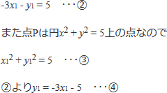 -3x1-y1=5 … まる2 また点Pは円x二乗+y二乗=5上の点なのでx1二乗+y1二乗=5 … まる3 まる2よりy1=-3x1-5 … まる4