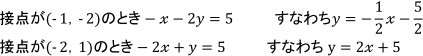 接点が(-1, -2)のとき-x-2y=5 すなわちy=-1/2x-5/2 接点が(-2, 1)のとき-2x+y=5 すなわちy=2x+5