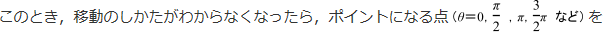 このとき、移動のしかたがわからなくなったら、ポイントになる点(θ=0, π/2, π, 3/2πなど)を