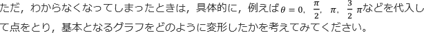 ただ,わからなくなってしまったときは,具体的に,例えばθ=0,π/2,π,3/2πなどを代入して点をとり,基本となるグラフをどのように変形したかを考えてみてください。