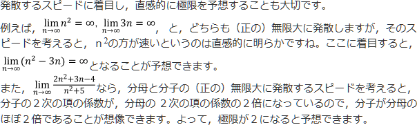 発散するスピードに着目し、直感的に極限を予想することも大切です。