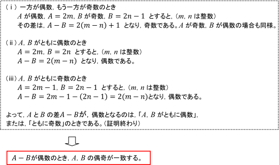 ふたつの値の証明→A-Bが偶数のとき、A,Bの偶奇が一致する。