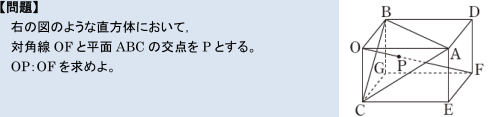 【問題】右の図のような直方体において、対角線OFと平面ABCの交点をPとする。OP:OFを求めよ。