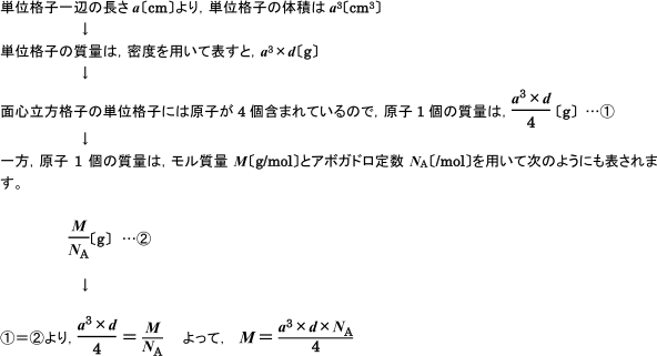 【固体の構造と状態変化】単位格子から原子量を求める方法がわかりません。  