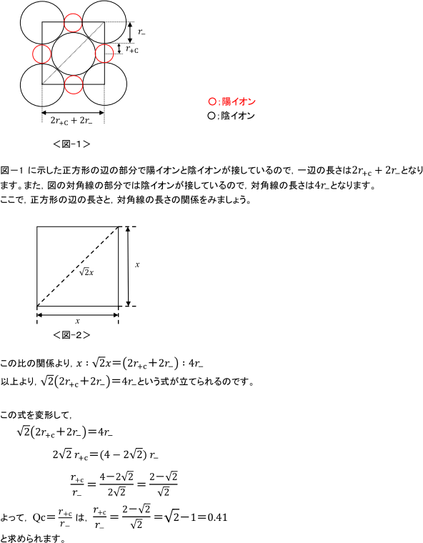 【固体の構造と状態変化】塩化ナトリウム型の限界半径比の計算の仕方がわかりません。  