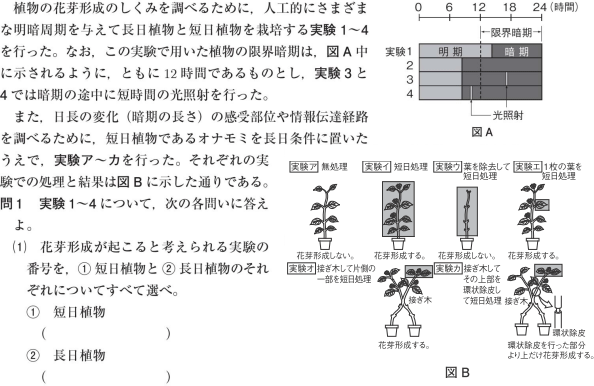 【植物の環境応答】【生物と光】花芽形成のしくみの問題で,グラフから植物を見分ける方法がわかりません。