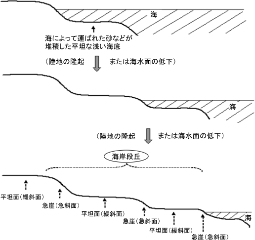 海岸段丘が出来上がる過程の図説